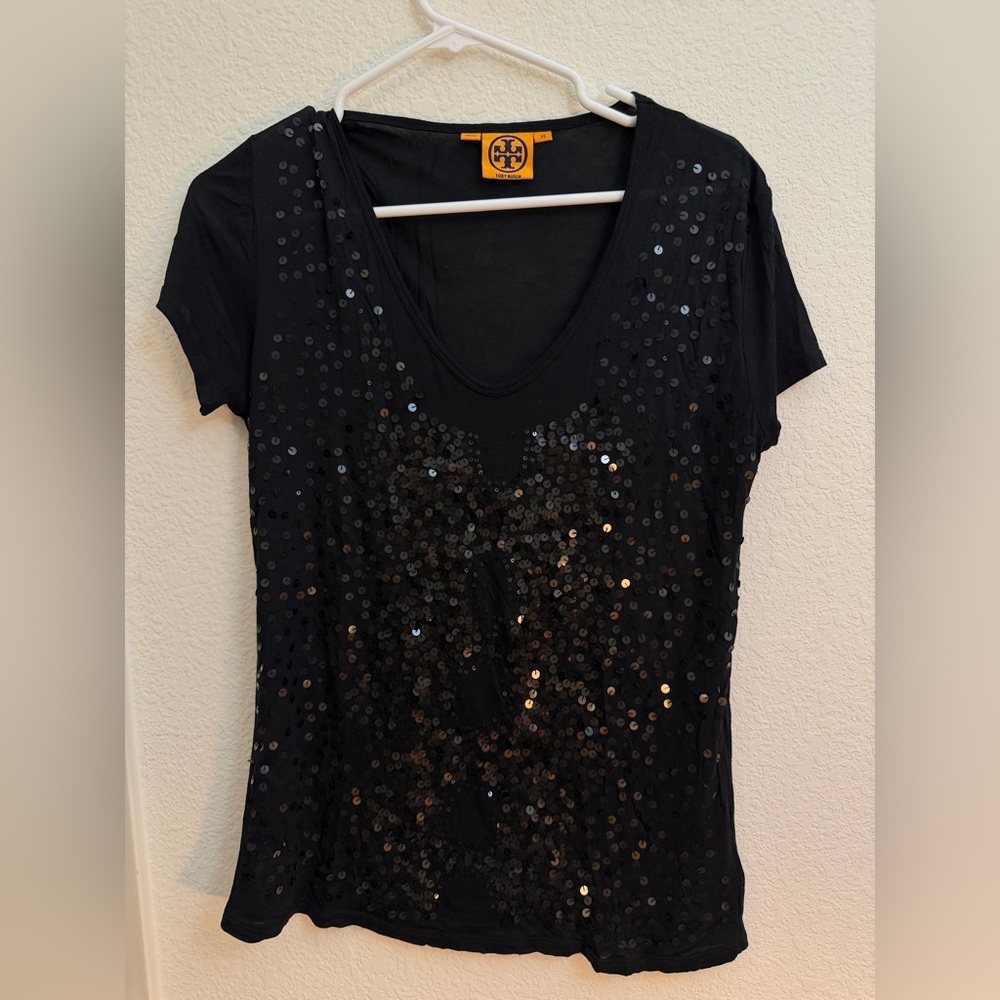 Tory Burch Black Short-Sleeve Sequin Scoop Neck Tee